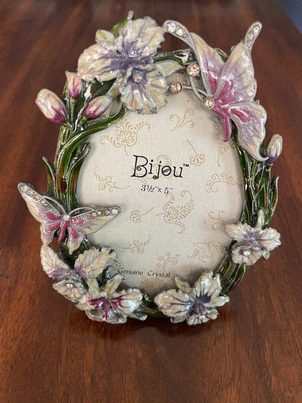 Bijou Vintage Butterfly Pewter Crystal Floral Frame 3.5" x 5"